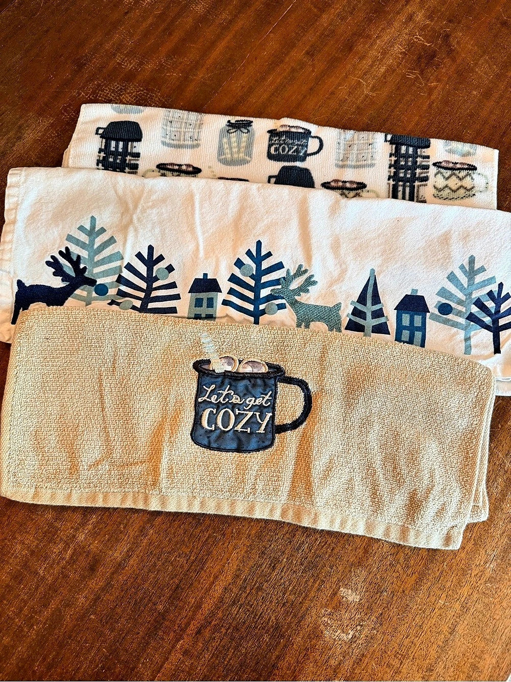 Cozy Winter Hand Towels Cream & Blue Like New